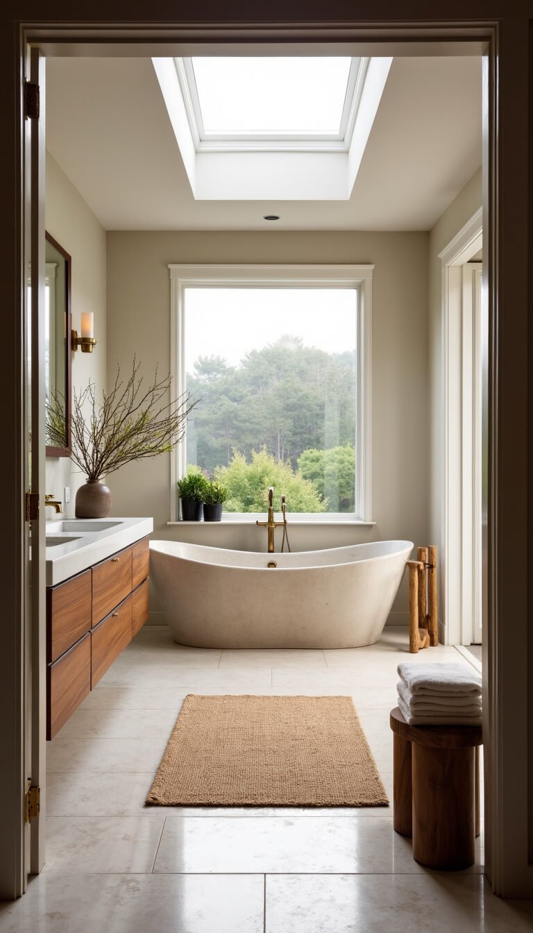 Spa-like coastal bathroom with stone soaking tub under skylight, pale limestone surfaces, floating walnut vanity, brass fixtures, and natural decor accents.
