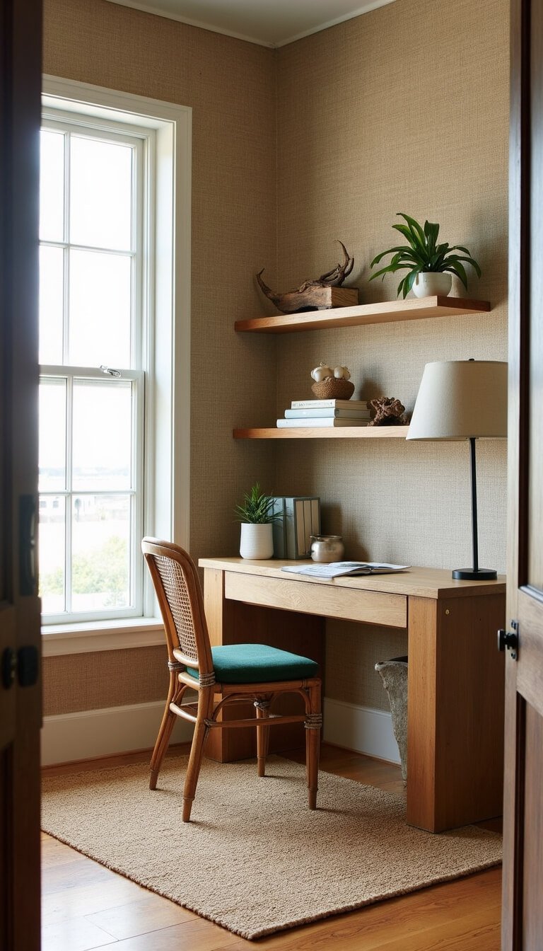 Coastal home office with weathered oak desk, rattan chair, grasscloth walls, and natural light from tall corner windows.