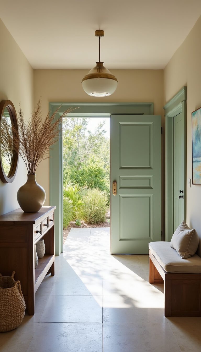 Organic coastal entryway with weathered sage Dutch door, limestone floors, teak console, round brass mirror, rattan bench, and natural morning light.