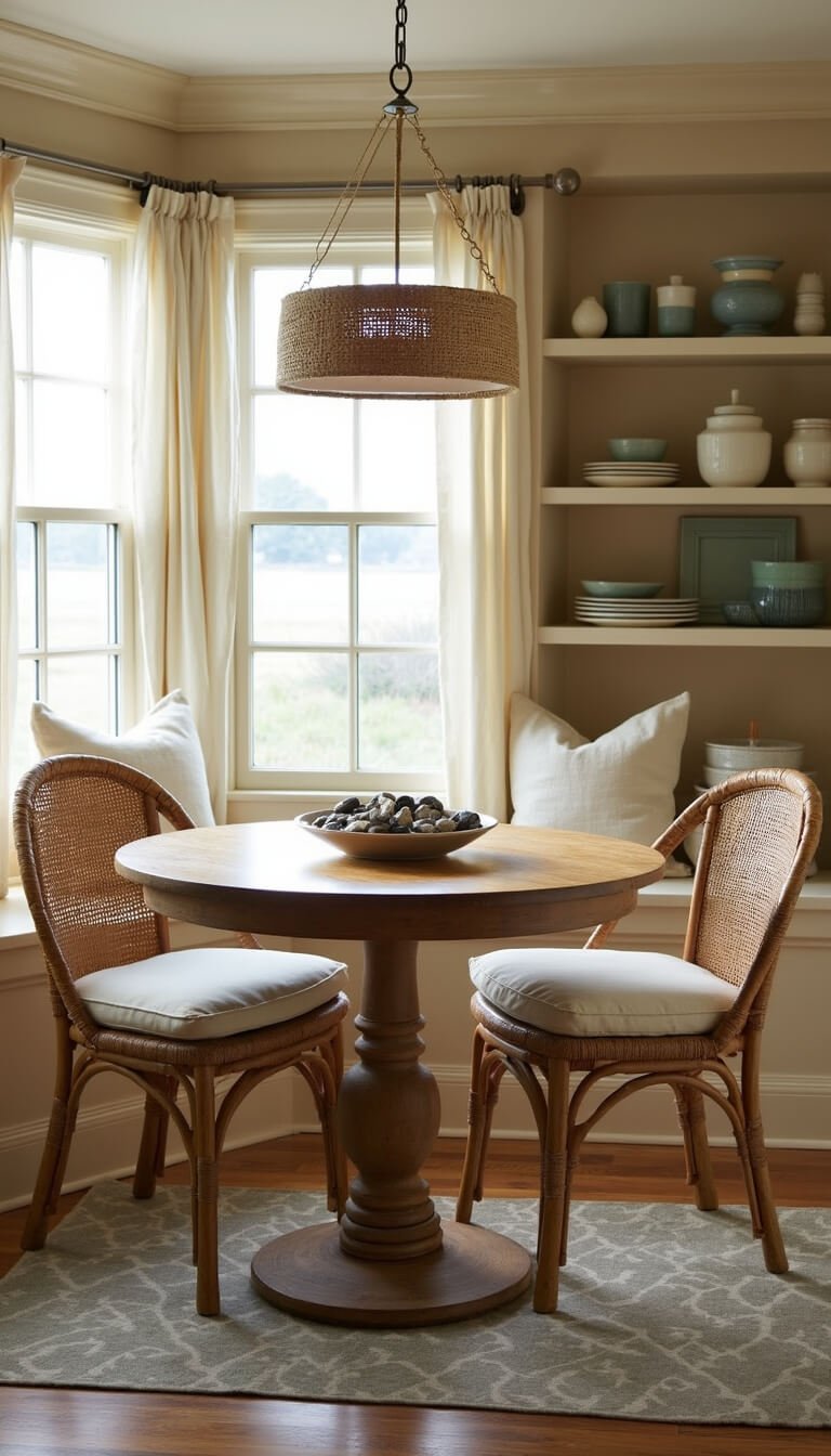 Cozy coastal kitchen dining nook with round weathered oak table, rattan chairs, sea stone centerpiece, and soft afternoon light filtering through linen curtains.