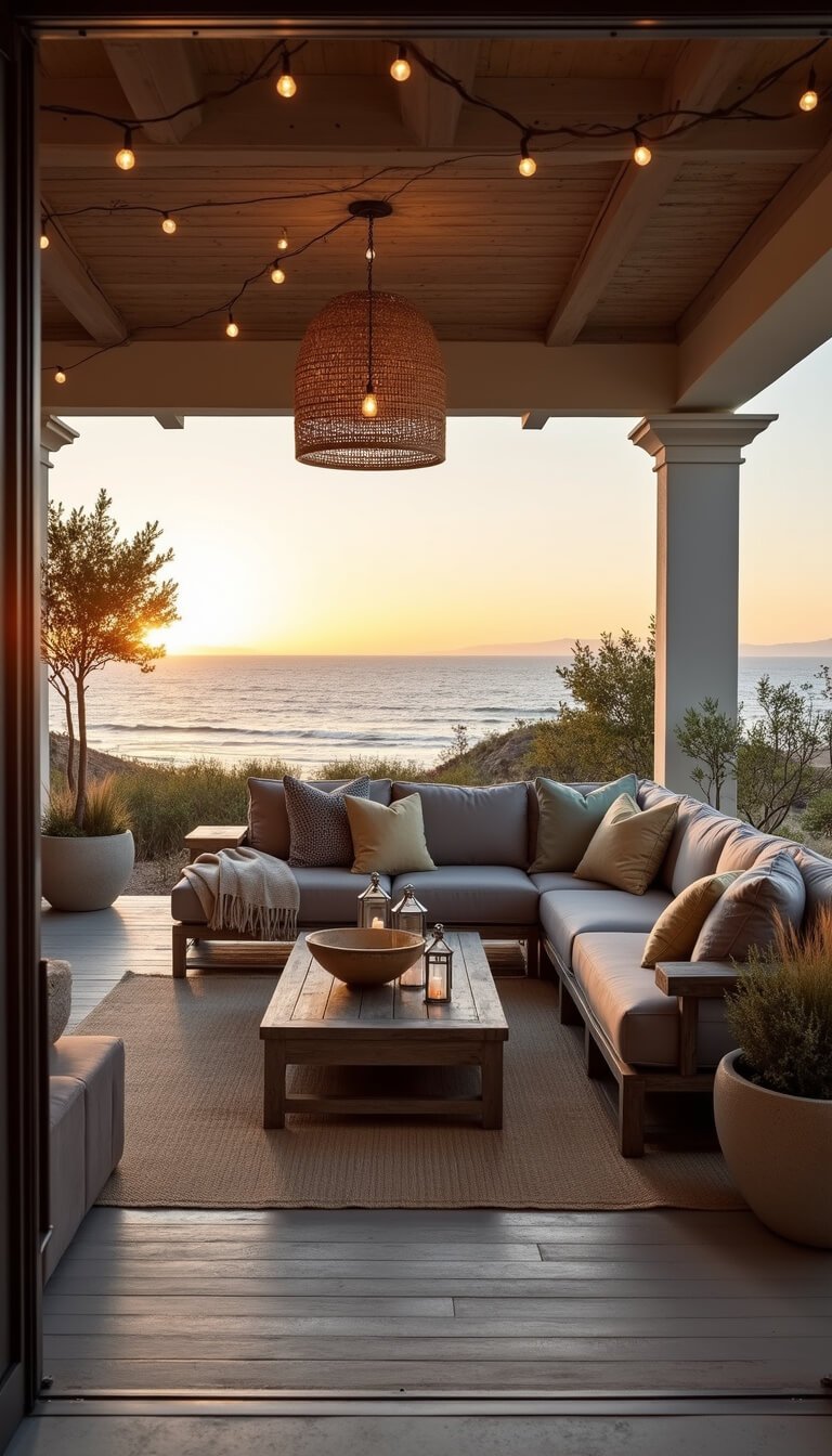 Wide-angle view of a coastal deck at golden hour with ocean backdrop, featuring a teak sectional, reclaimed wood coffee table, potted greenery, and ambient lighting.