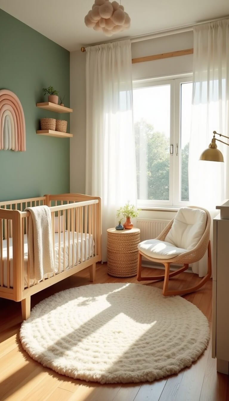 Scandinavian-style nursery with natural wood crib, sage green accent wall, plush blush rug, and soft golden hour lighting.