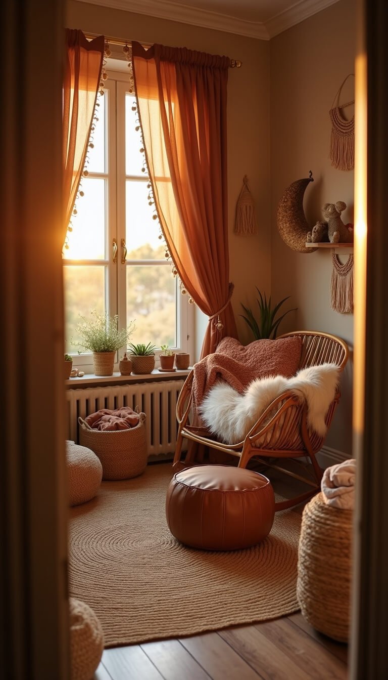 Boho-inspired nursery with warm amber lighting, vintage spindle crib, rattan rocking chair, and textured accents like macramé, jute rug, and gauzy rust curtains.