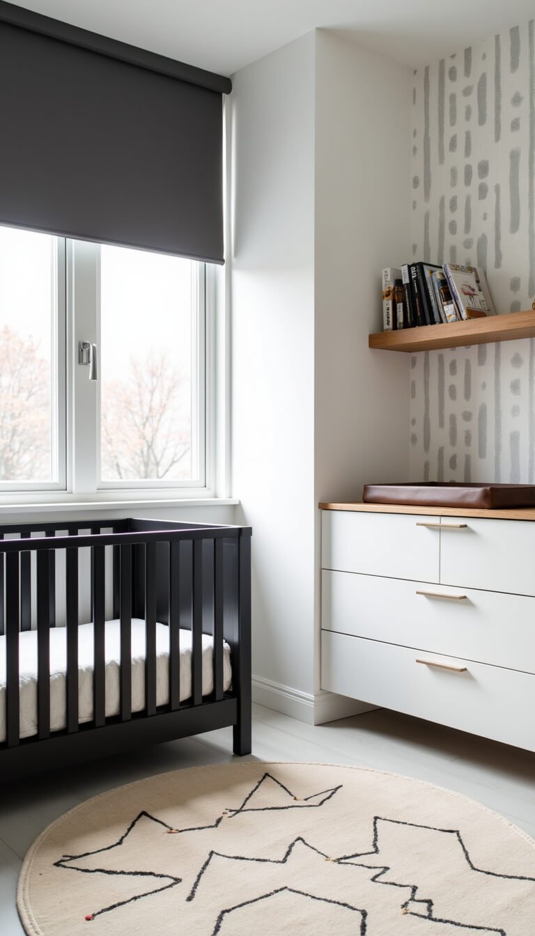 Modern minimalist nursery with white walls, black crib, geometric accent wall, cream Moroccan rug, wood shelf of monochrome books, floating white dresser with leather changing pad, and charcoal blackout blinds, bathed in crisp mid-morning light.
