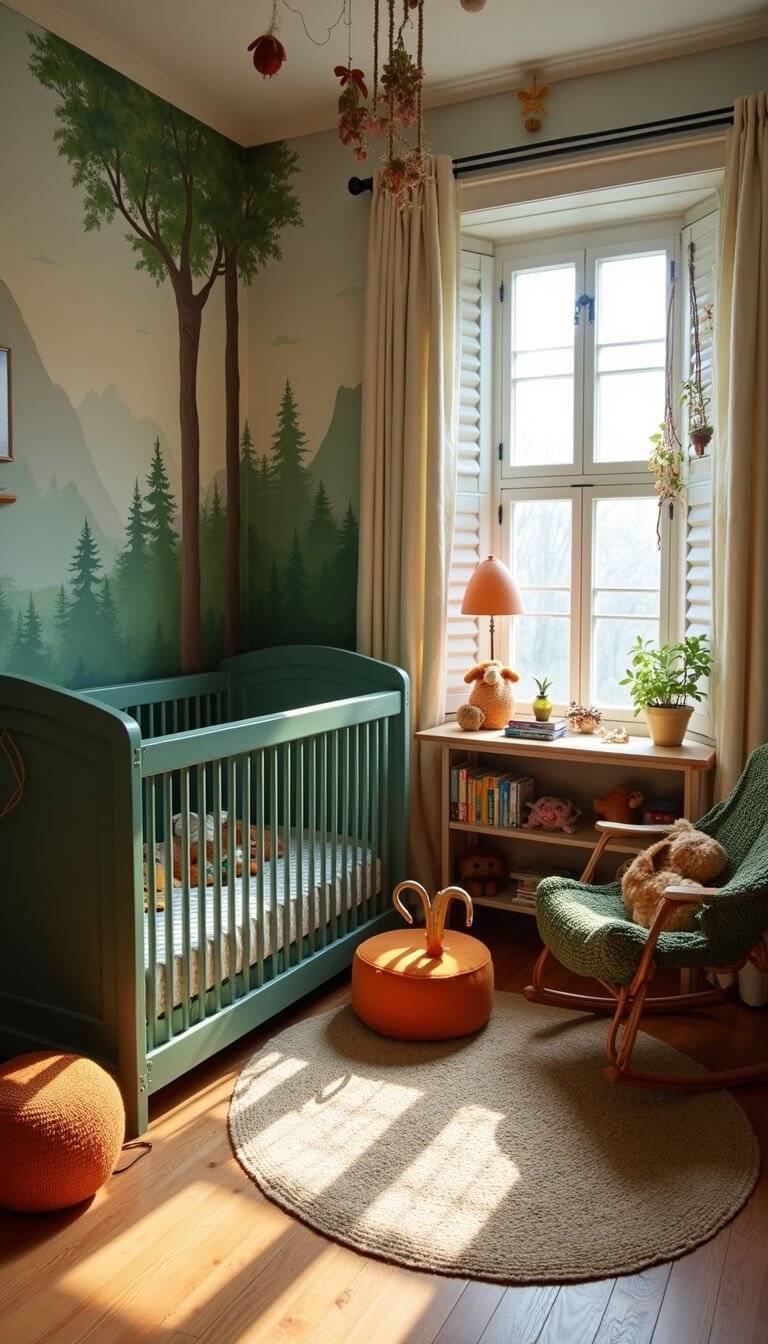 Child's-eye view of a whimsical woodland-themed nursery at dawn with forest green crib, watercolor mountain mural, leaf-shadowed maple floors, curving bookshelf with forest-themed items, and cozy natural decor elements.