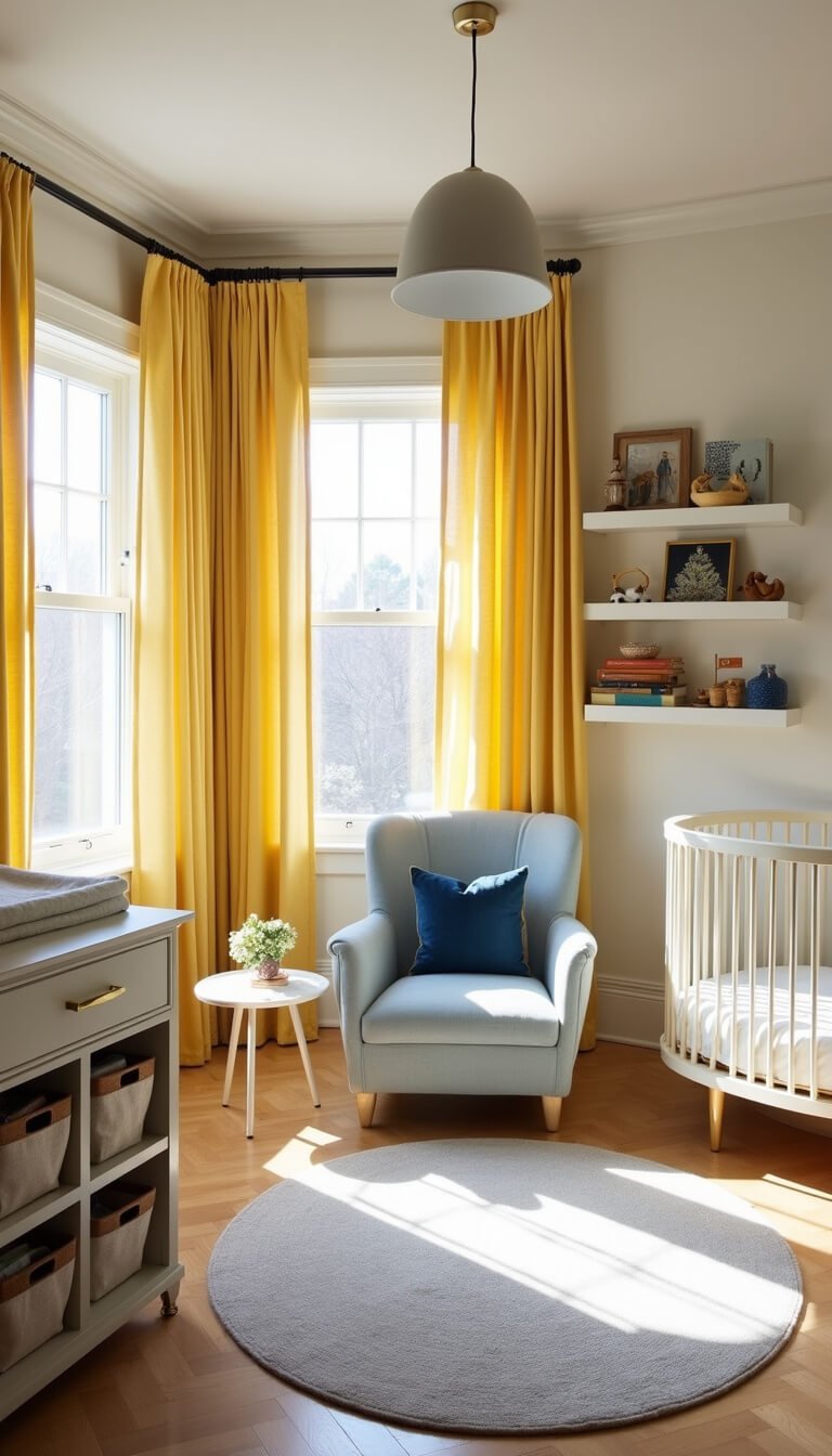 Luxurious nursery with soft yellow and gray tones, featuring a central ivory spindle crib, French blue velvet glider, cloud gray rug, and brass-accented pendant lighting, bathed in late afternoon light.