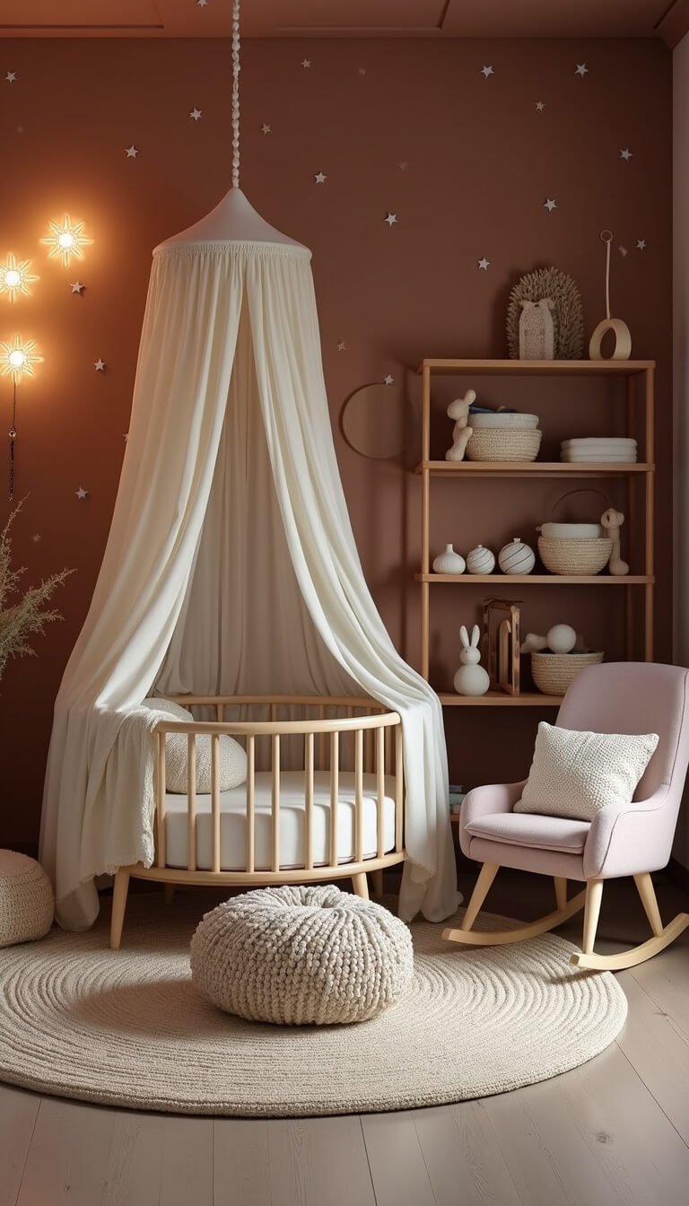 Textured nursery at dusk with star-shaped sconces, gauzy canopied round crib on Berber rug, 3D clay accent wall, mauve rocker, knit pouf, and natural tactile toys.