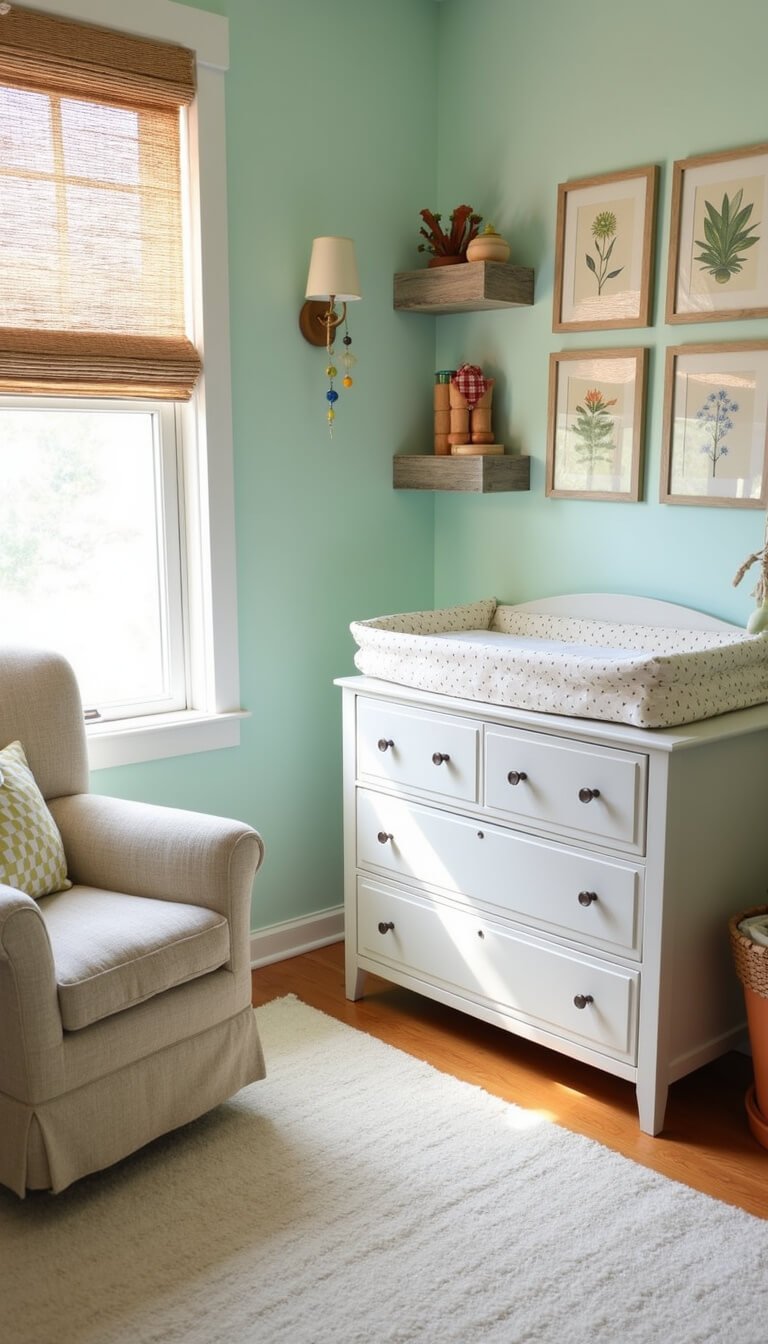 Budget-friendly 8×9 nursery with bright sunlight through bamboo blinds, pale mint walls, DIY botanical prints, white Jenny Lind crib with gingham bedding, dove gray vintage dresser as changing station, reclaimed wood shelves with books and toys, and a cozy reading nook with a cushioned rocking chair.