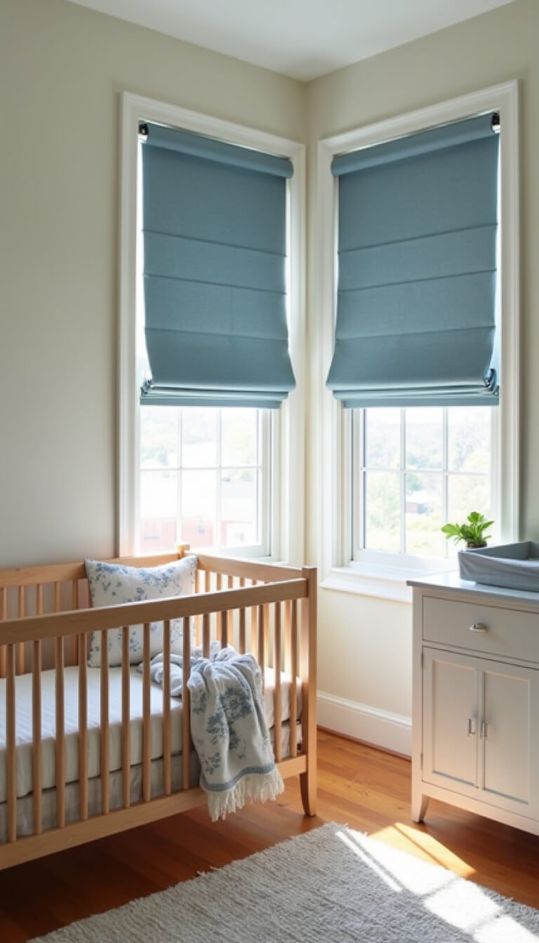 Safety-focused nursery with Greenguard-certified crib, childproof features, and soft blue and neutral decor, viewed from above to highlight safe, uncluttered layout.