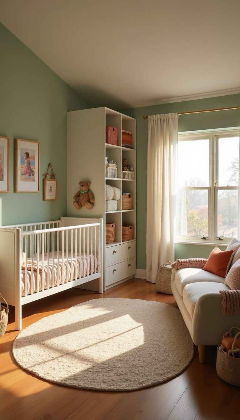 Wide-angle view of a 10'×11' nursery at golden hour featuring a convertible crib, modular storage cubes, swappable artwork, and a dual-purpose daybed in sage green, ivory, and terracotta tones.