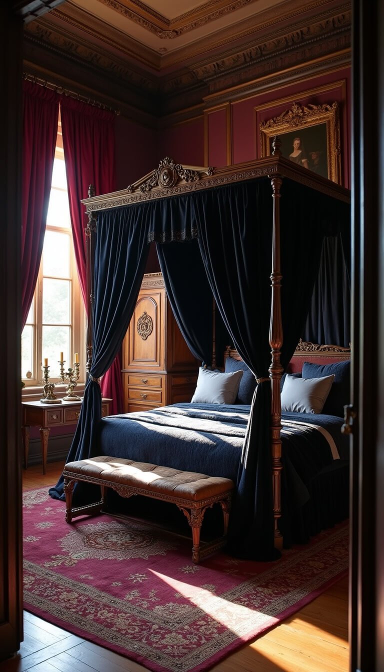 Victorian-inspired dark fantasy bedroom with canopy bed, burgundy curtains, antique furniture, and golden hour lighting casting ethereal shadows.