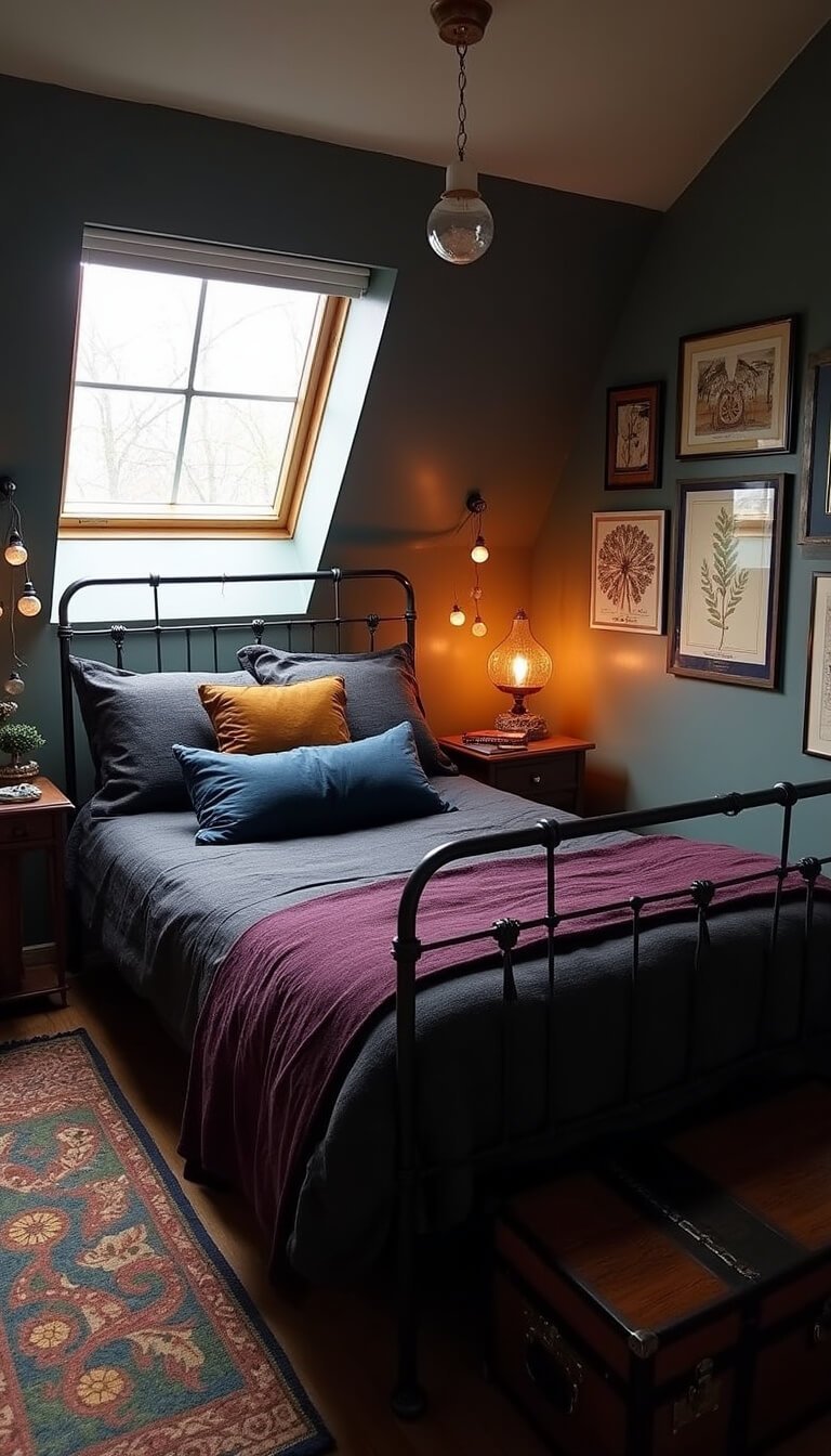Dark fantasy-themed attic bedroom with iron bed, layered dark textiles, mystical artwork, floating string lights, and vintage decor bathed in warm early morning light.