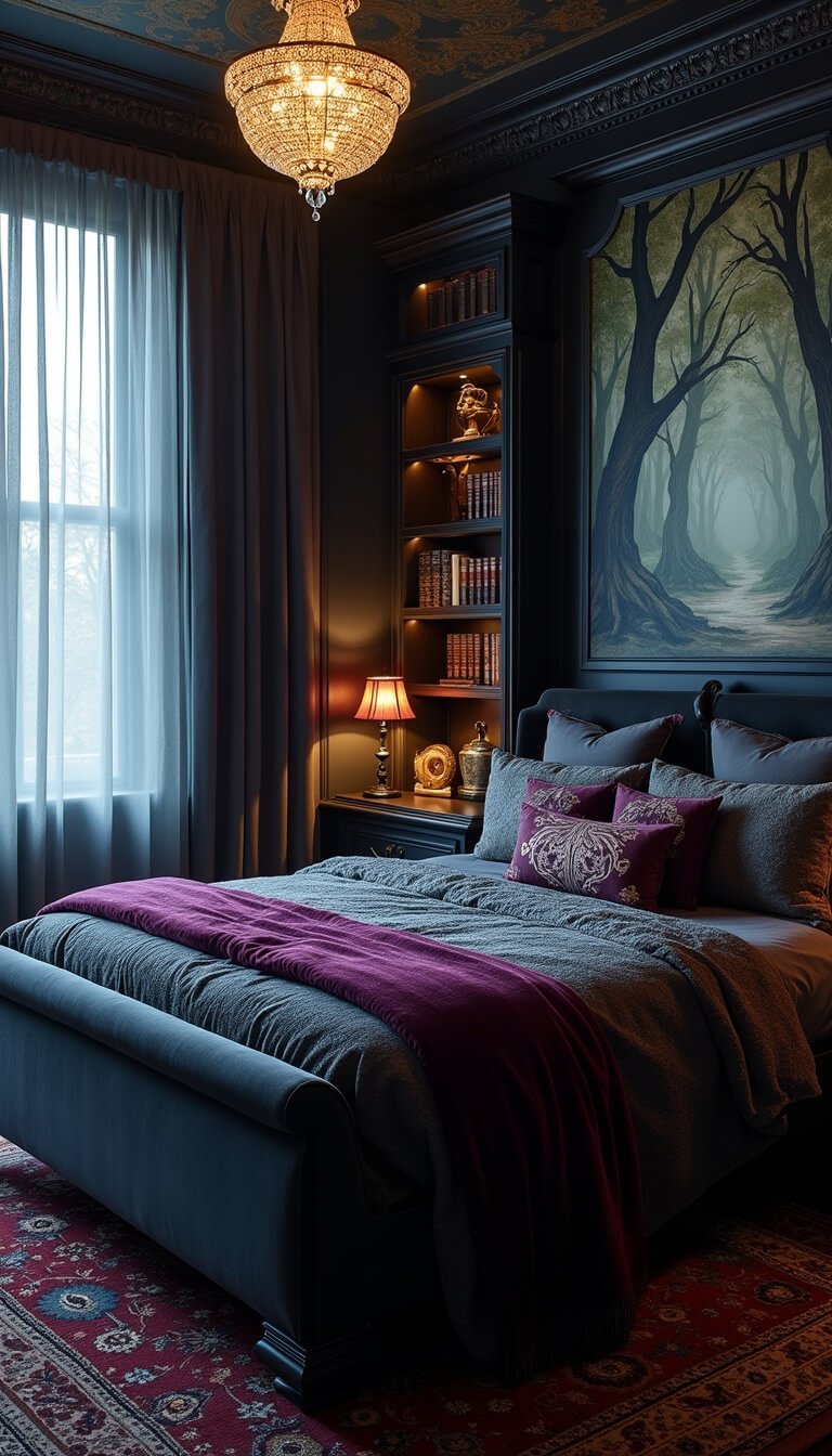 Dark fantasy bedroom with charcoal velvet sleigh bed, mystical pillows, wall-to-wall bookshelves, enchanted forest mural, and twilight lighting creating rich shadows.