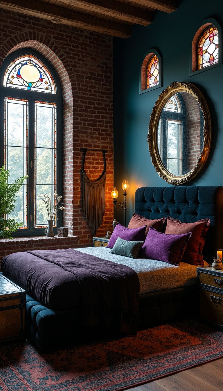 Dark fantasy bedroom with deep teal walls, black velvet bed, stained glass moonlight, exposed brick, rich textiles, antique decor, and moody lighting.