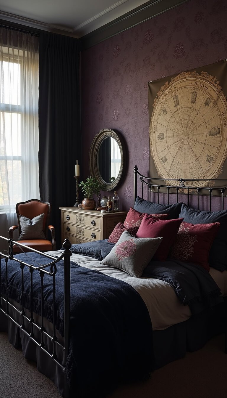 Dark fantasy bedroom with rich textures, featuring a wrought iron bed with layered charcoal, navy, burgundy, and silver bedding, dramatic backlighting through sheer black curtains, a vintage constellation map on deep purple damask wallpaper, and antique decor on a distressed wooden dresser.
