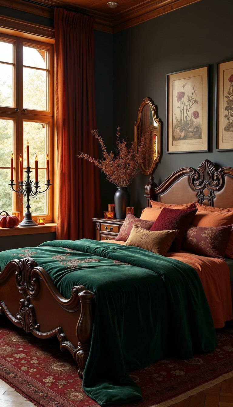Bird’s-eye view of a dark fantasy autumn bedroom with ornate wooden bed, rich velvet and silk bedding in forest green, copper, and burgundy, amber light streaming through tinted glass, charcoal walls adorned with vintage art, and seasonal decor including jewel-toned velvet pumpkins, dried oak branches, and brass accents.
