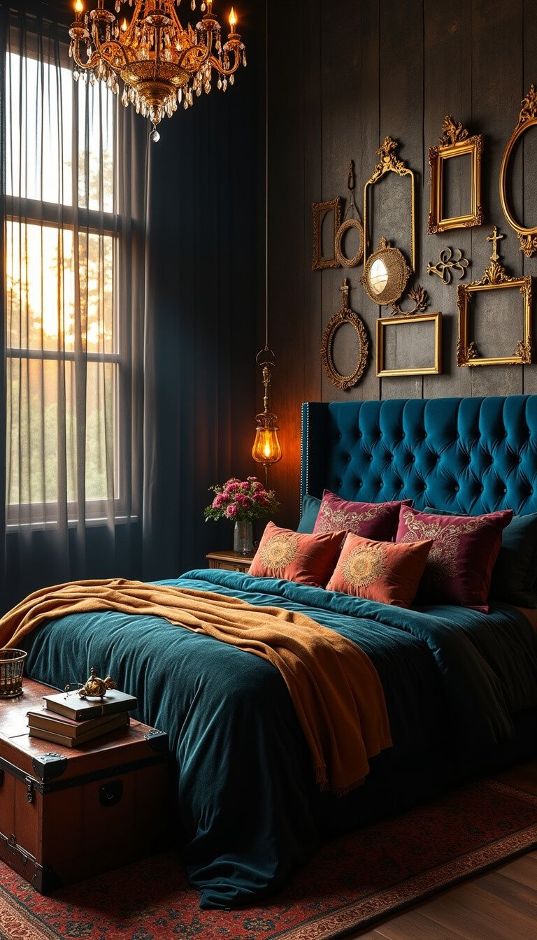 Dark fantasy bedroom with towering midnight blue tufted headboard, layered rich textiles, golden hour light through sheer black curtains, and ornate dark decor elements.