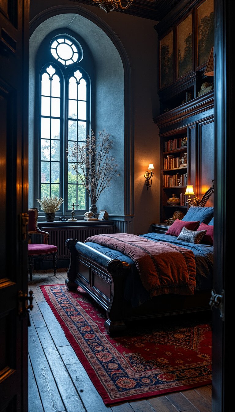 Dark fantasy bedroom with dramatic architecture, twilight blue light through tall arched windows, dark mahogany sleigh bed with rich textured bedding, antique Persian rug on dark hardwood floors, floor-to-ceiling bookshelves, ornate mirrored wardrobe, iron sconces casting moody shadows, and natural accents like dried botanicals and crystals.