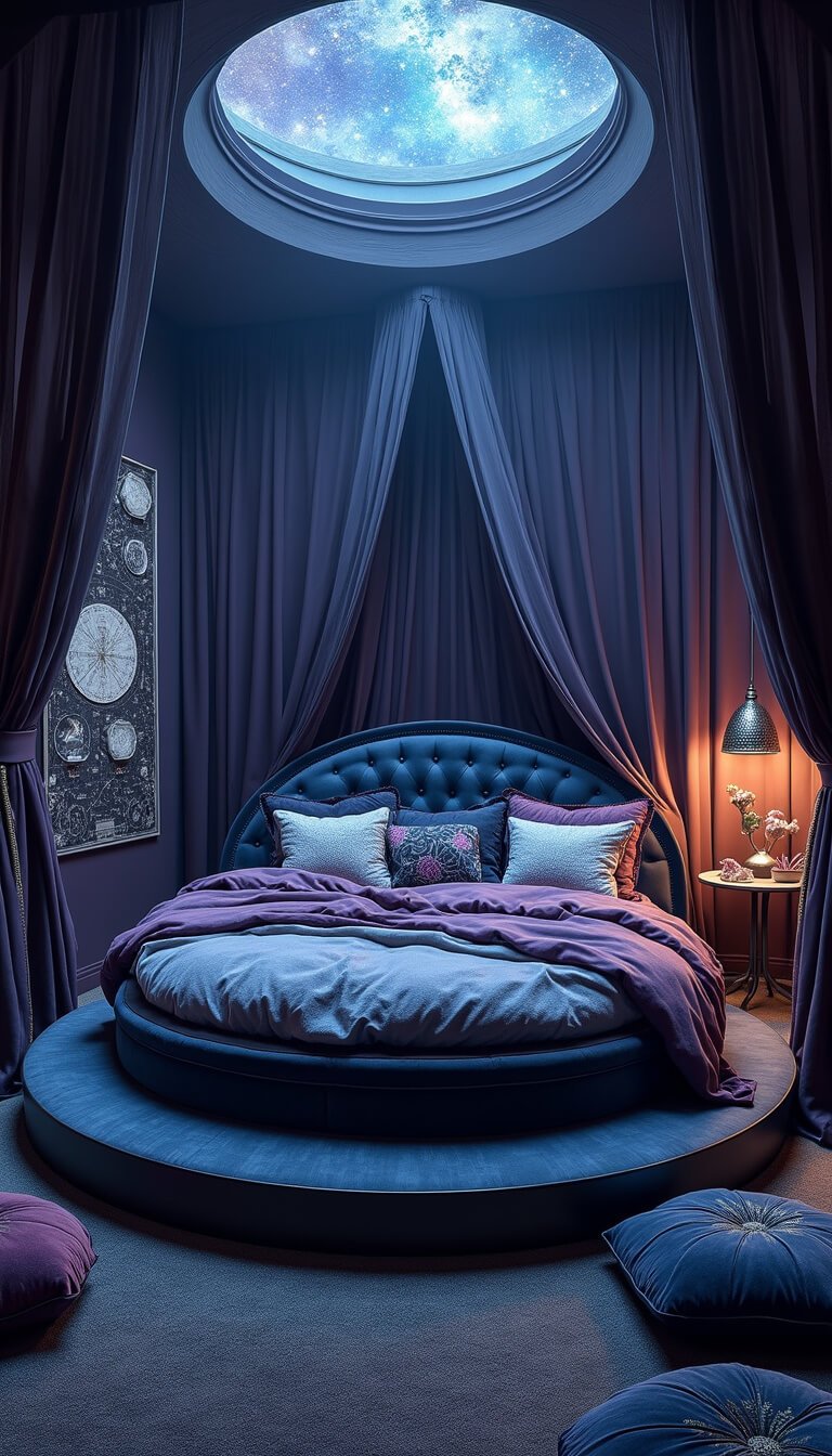 Overhead view of a mystical 14x14ft dark fantasy bedroom with a round velvet bed on a raised platform, spiral pillows, draped canopy, constellation maps on plum walls, sunken seating with crystal display, and ambient pre-dawn blue lighting.