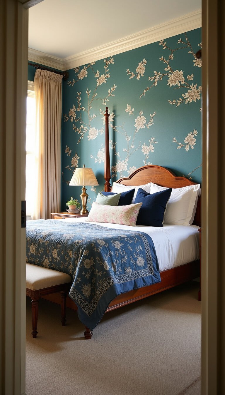 Grandmillennial bedroom with canopy bed, blue toile quilt, chinoiserie wallpaper, vintage nightstands, and golden afternoon light through sheer curtains.