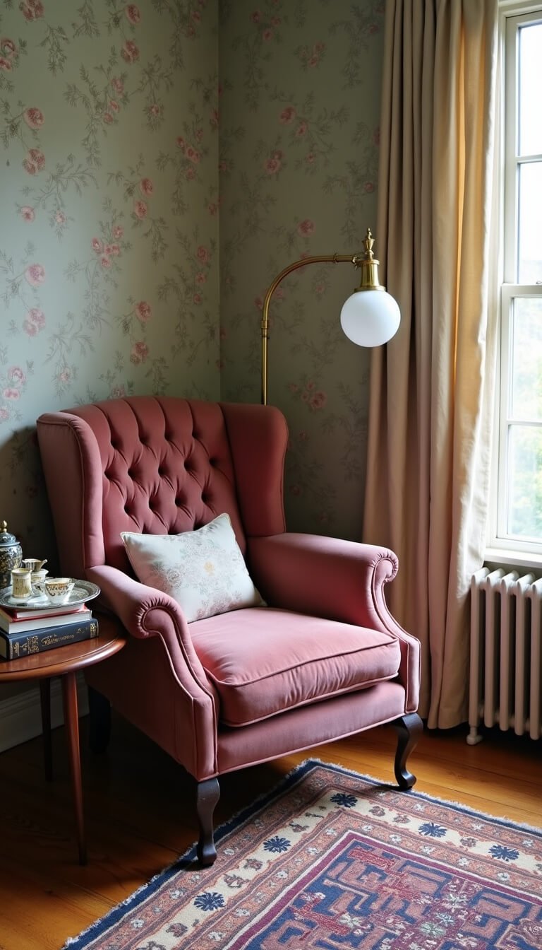 Grandmillennial bedroom corner with dusty rose velvet wingback chair, floral wallpaper, vintage books, and early morning light casting soft shadows.