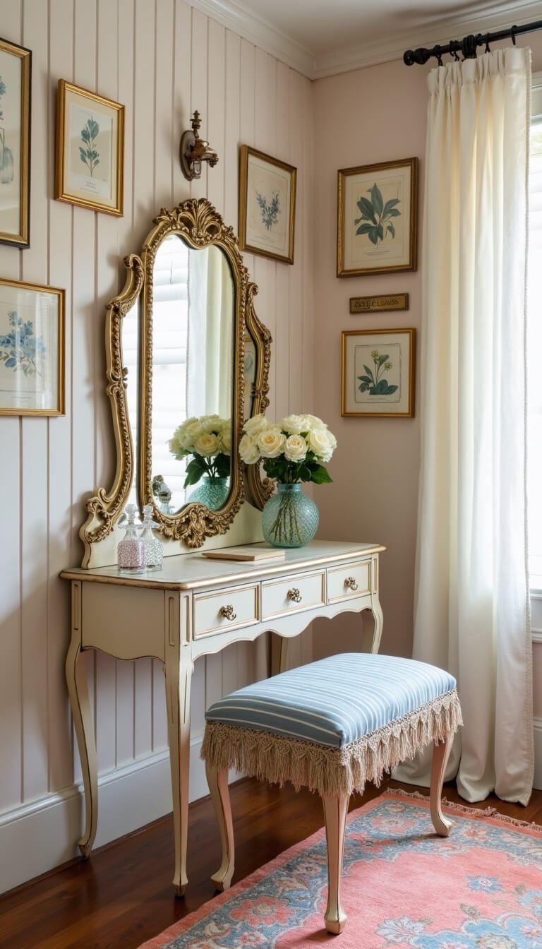 Transitional grandmillennial dressing area with vintage ivory vanity, blush walls, embroidered curtains, and floral accents in soft morning light.