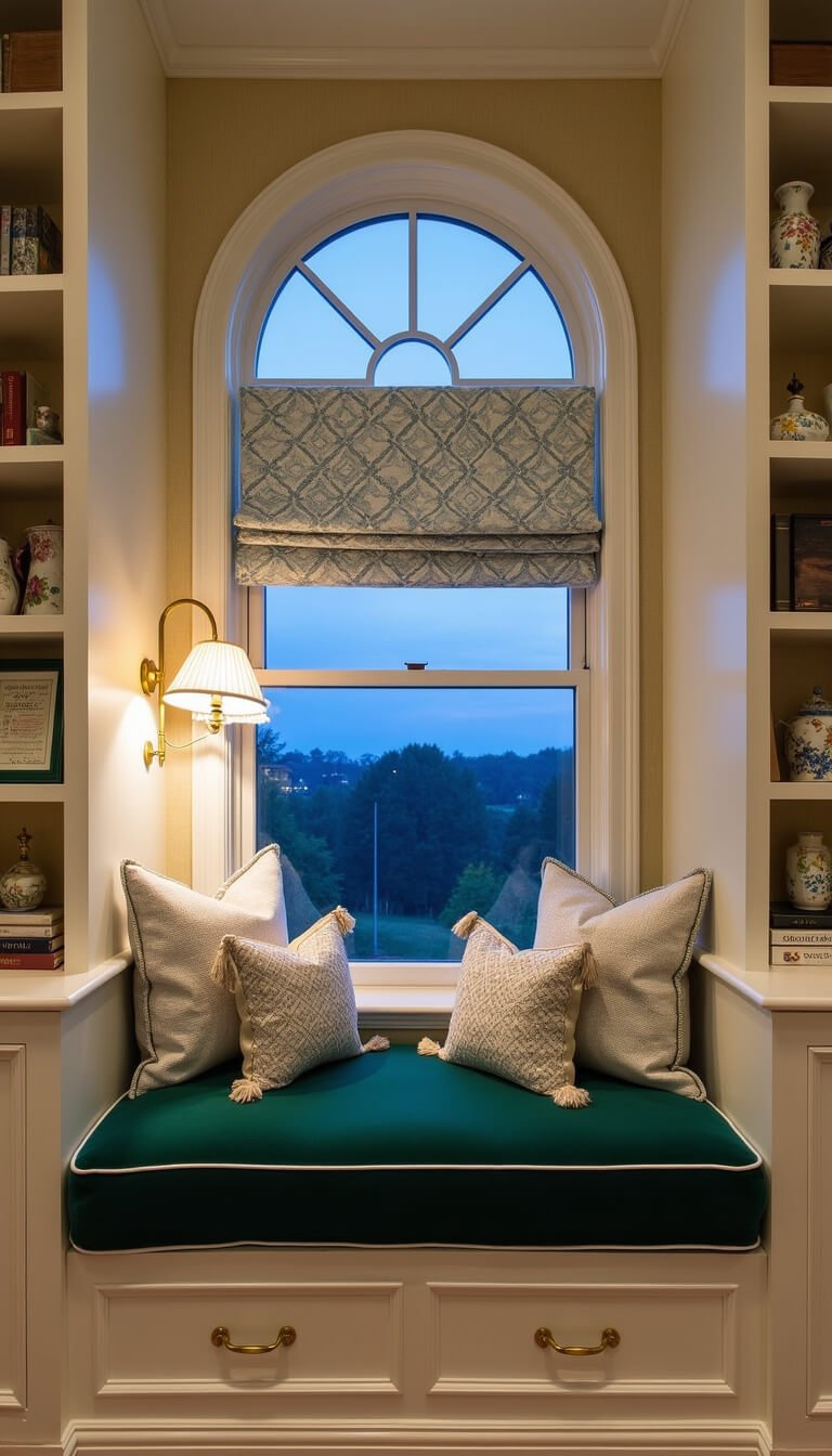 Cozy grandmillennial bedroom alcove with emerald green velvet window seat, decorative pillows, cream built-in bookshelves, arched window with blue trellis roman shades, and brass sconce lighting at dusk.