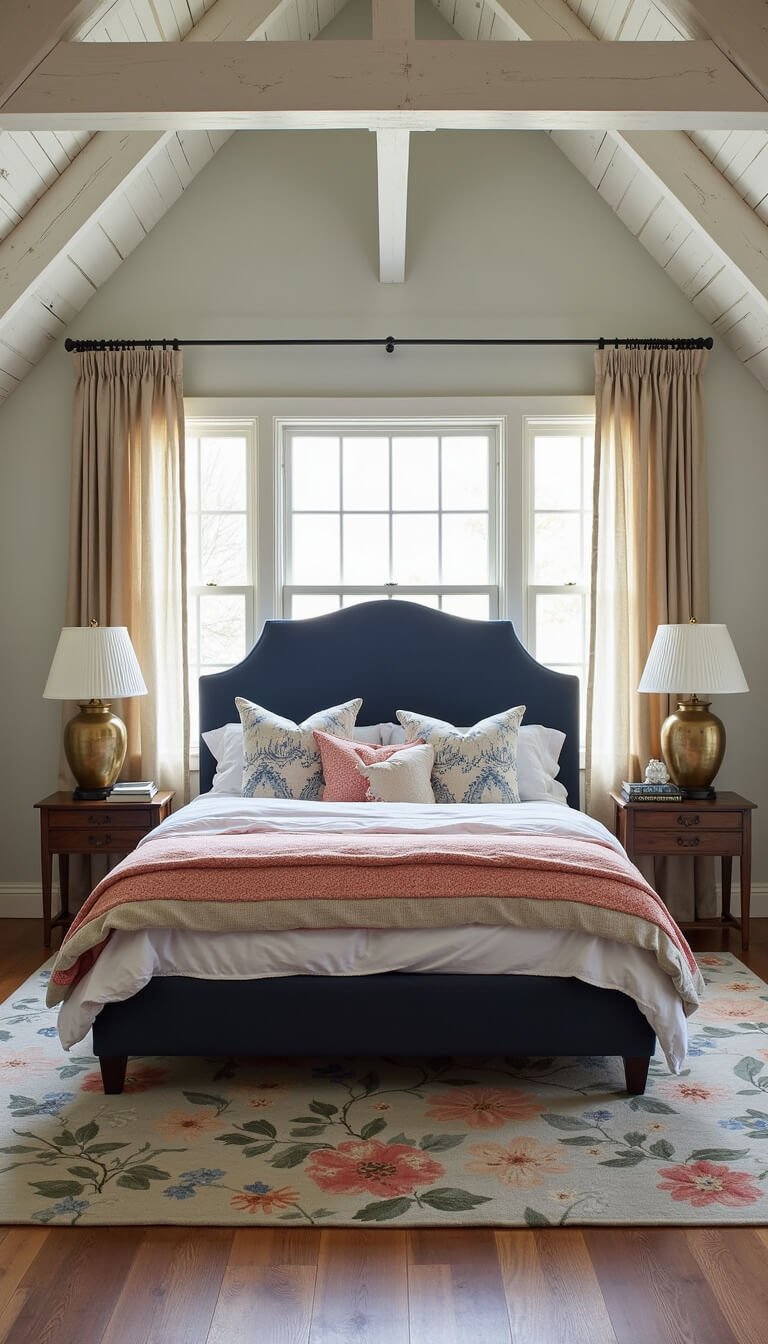 Grandmillennial primary bedroom with vaulted ceilings, navy upholstered king bed, mixed vintage décor, floral rug, and warm ambient lighting.