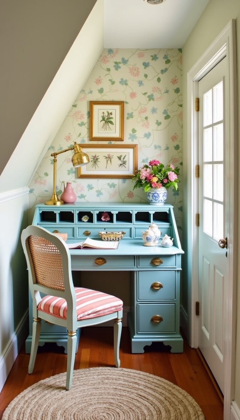 Cozy grandmillennial dormer work nook with robin's egg blue secretary desk, floral wallpaper, vintage decor, and bright midday light.