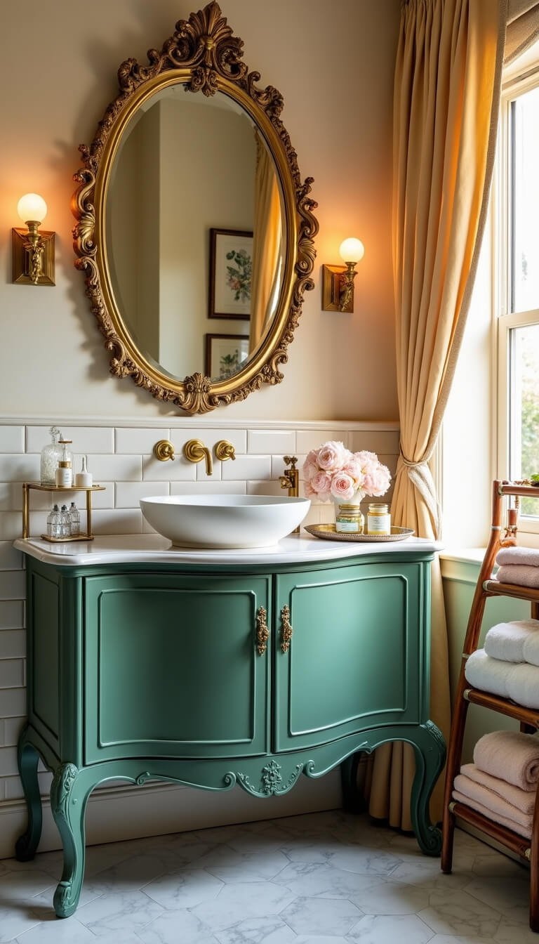 Grandmillennial bathroom vanity with jade green claw-foot cabinet, brass fixtures, marble hex tiles, ornate gilt mirror, and vintage decor in golden hour light.