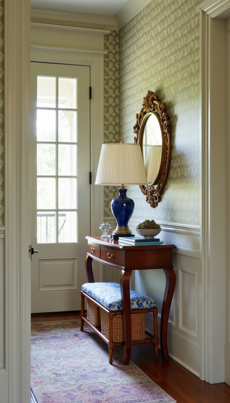 Grandmillennial bedroom entryway vignette with mahogany console, chinoiserie lamp, gilt sunburst mirror, trellis wallpaper, bamboo bench, and vintage runner in soft morning light.
