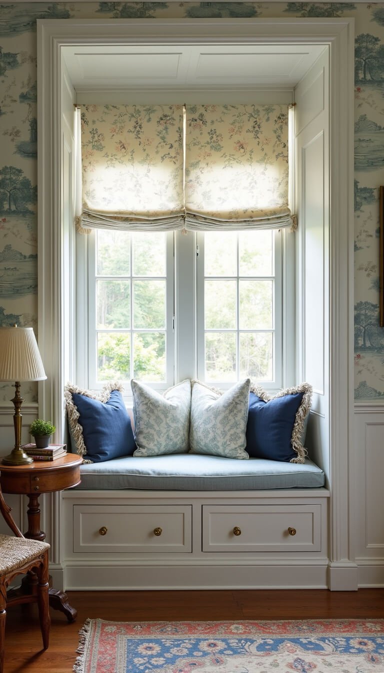 Grandmillennial bedroom window nook with bay windows, custom blue linen window seat, floral and velvet pillows, toile Roman shades, scenic wallpaper, Persian rug, rattan peacock chair, and brass reading lamp in soft late afternoon light.