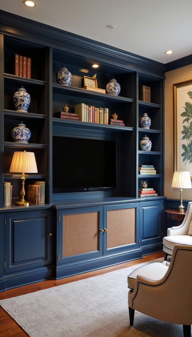 Grandmillennial-style navy blue media wall with built-in cabinetry, brass hardware, cane-front lower cabinets, and curated decor including ginger jars, books, and intaglios; ambient evening lighting with a cream upholstered bergère chair, antique side table, and botanical artwork on grass cloth wallpaper.