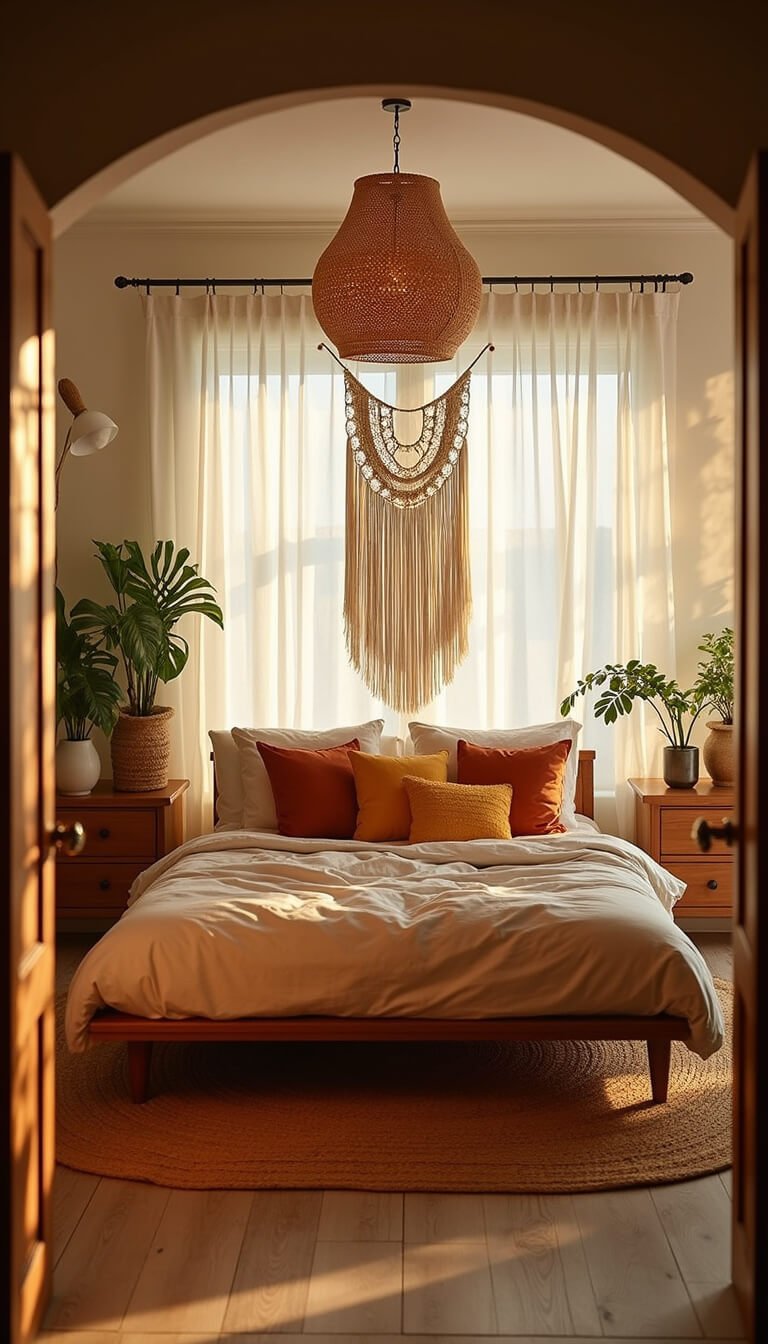 Boho bedroom with platform bed, textured rug, sheer curtains, warm LED lights, macramé wall hanging, and golden hour sunlight.