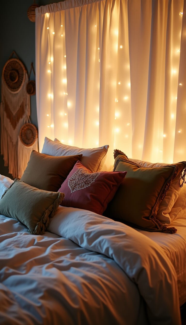 Boho-style bed with illuminated sheer ivory curtain headboard, textured pillows, and soft ambient lighting at blue hour.