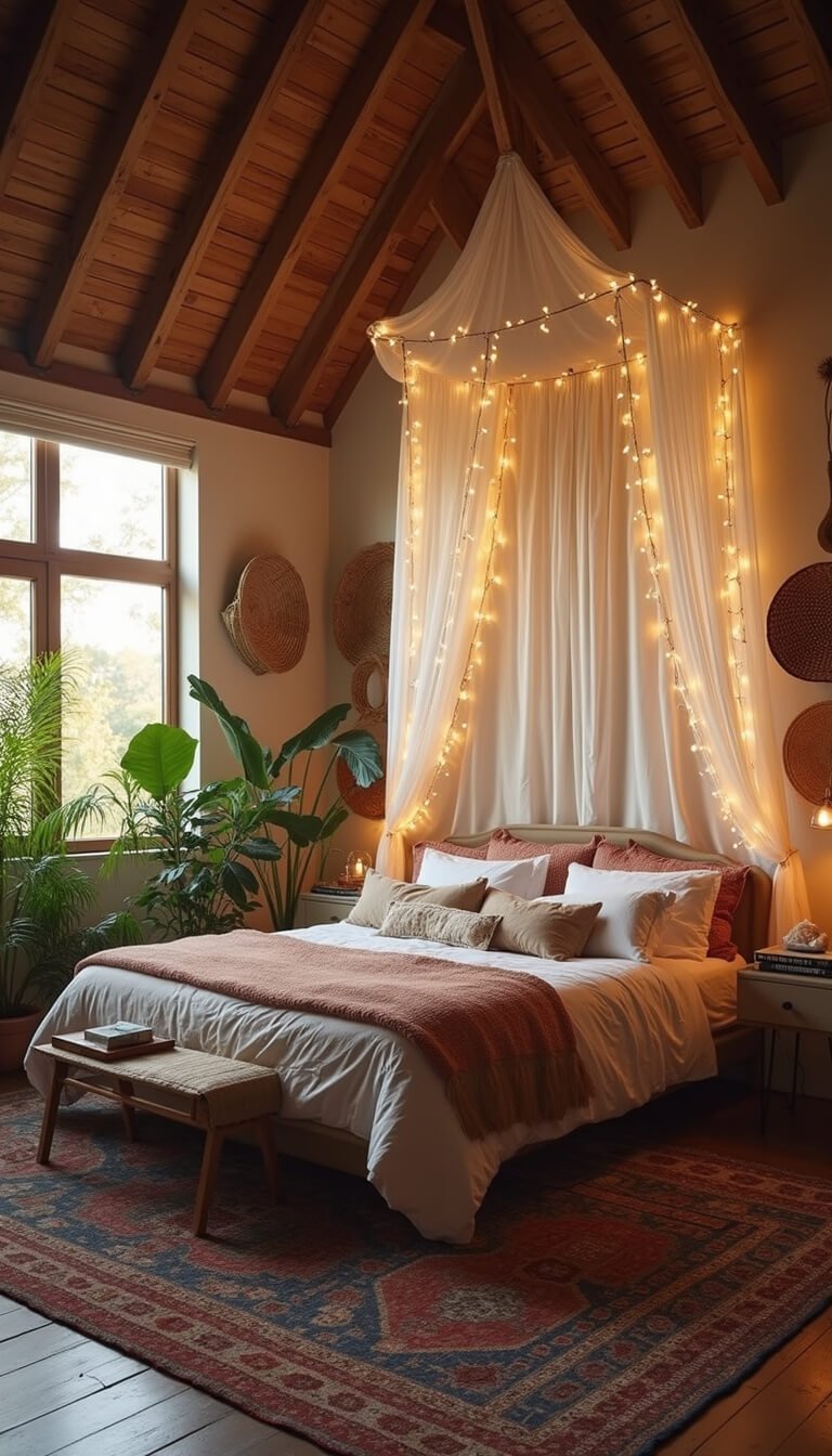 Bohemian bedroom with canopy bed, fairy lights, layered rugs, woven wall art, concrete table with art books and crystals, and lush indoor plants at sunset.