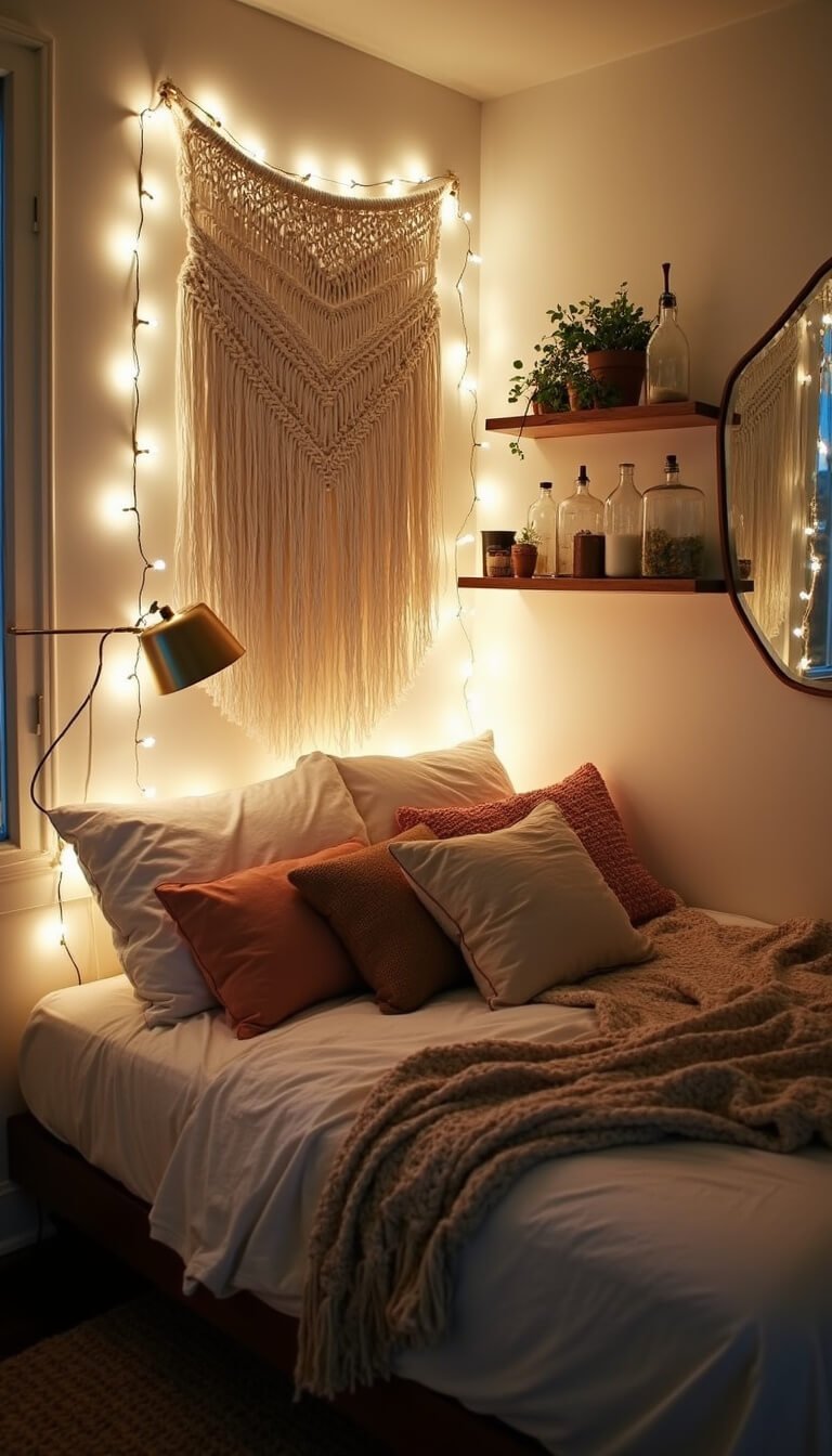 Cozy 10x10' boho bedroom with string lights in macramé headboard, thrifted bedding, floating shelves with plants in glass bottles, and warm lighting at dusk.