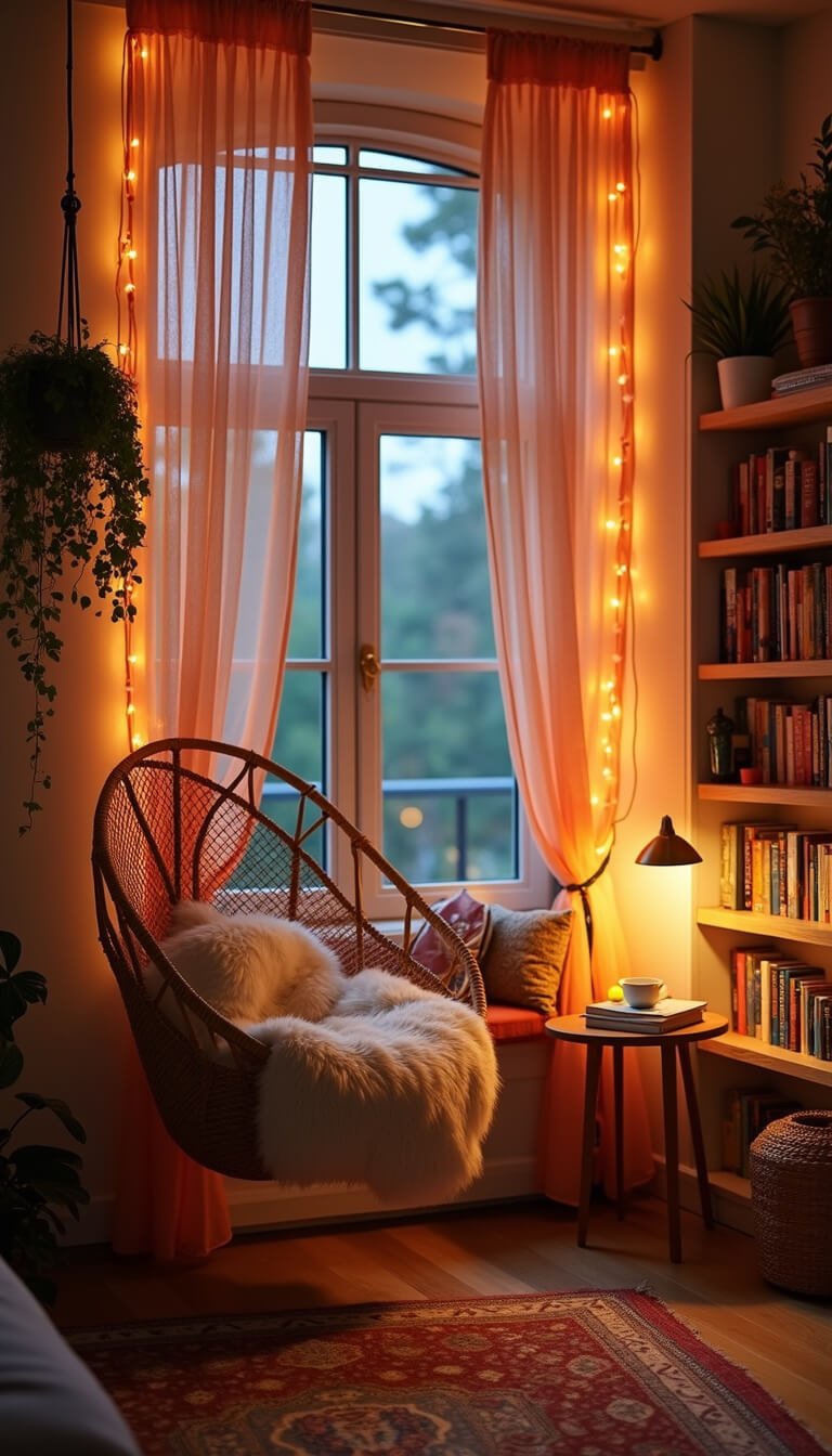 Cozy boho reading nook with rattan hanging chair, ombré curtains lit by warm LED lights, built-in bookshelf, macramé plants, and soft ambient lighting.