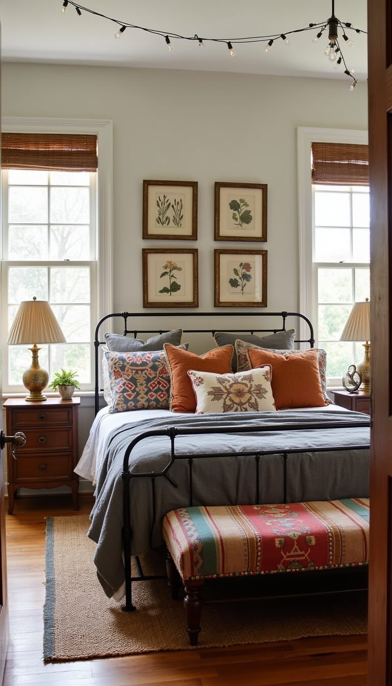 Boho bedroom with iron bed, mixed-pattern pillows, jute rug, vintage nightstands, and string lights framing botanical prints in soft daylight.