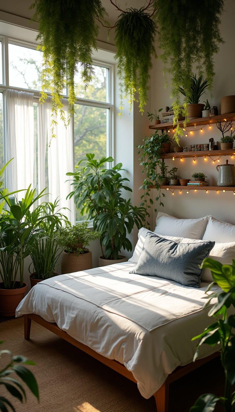 Boho-style bedroom filled with lush plants, white linens, fairy-lit curtains, and natural wood accents in soft morning light.