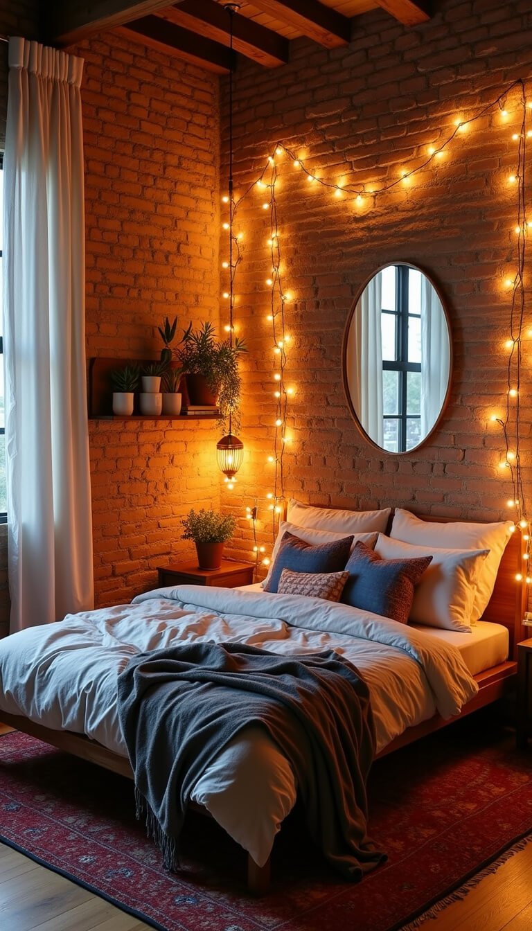 Boho loft bedroom with exposed brick wall, copper string lights, low platform bed, vintage rug, and desert plant decor in warm ambient lighting.