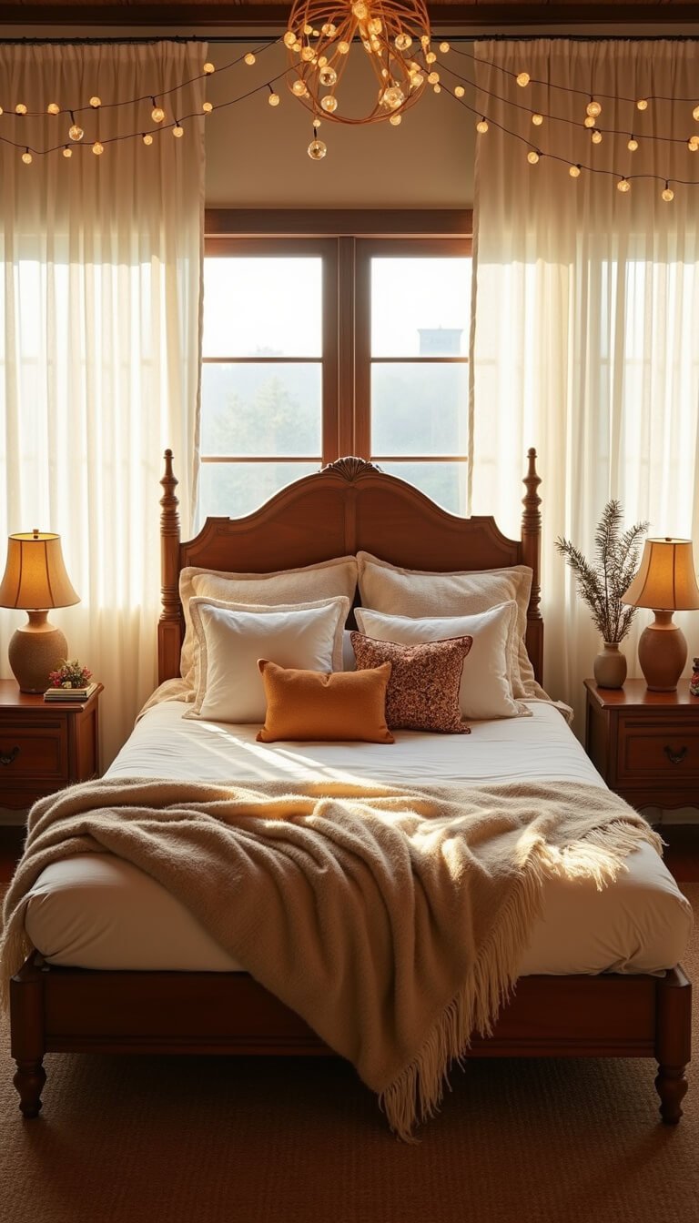 Golden hour boho bedroom with layered neutral bedding, vintage wood bed frame, globe string lights, and diffused sunlight through gauzy curtains.