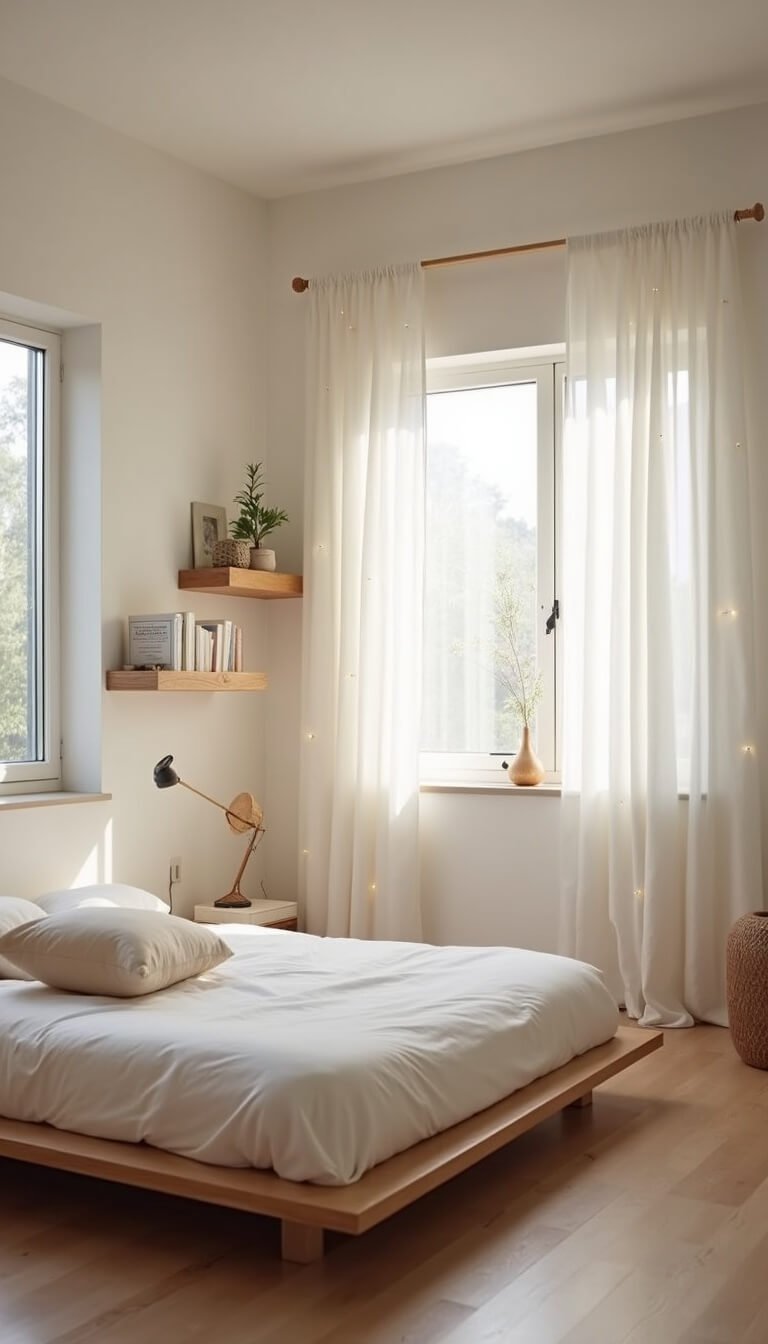 Minimalist boho bedroom with Japanese platform bed, sheer curtains with fairy lights, pale oak floors, and soft dawn light creating a serene, wabi-sabi inspired space.
