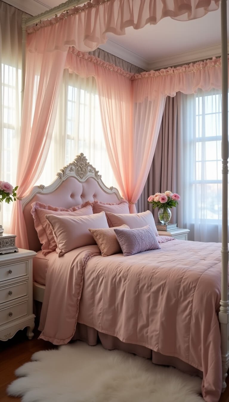 Fairytale princess bedroom with canopy bed draped in pink tulle, crystal fairy lights, plush blush bedding, and vintage decor bathed in soft morning light.