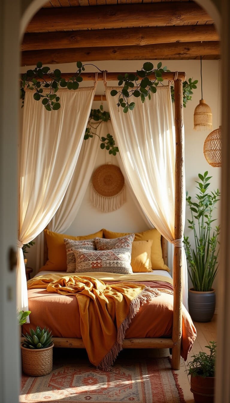 Boho bedroom with rattan canopy bed, unmade terracotta and mustard linen bedding, macramé wall hangings, woven pendant lights, and earthy décor in golden hour lighting.