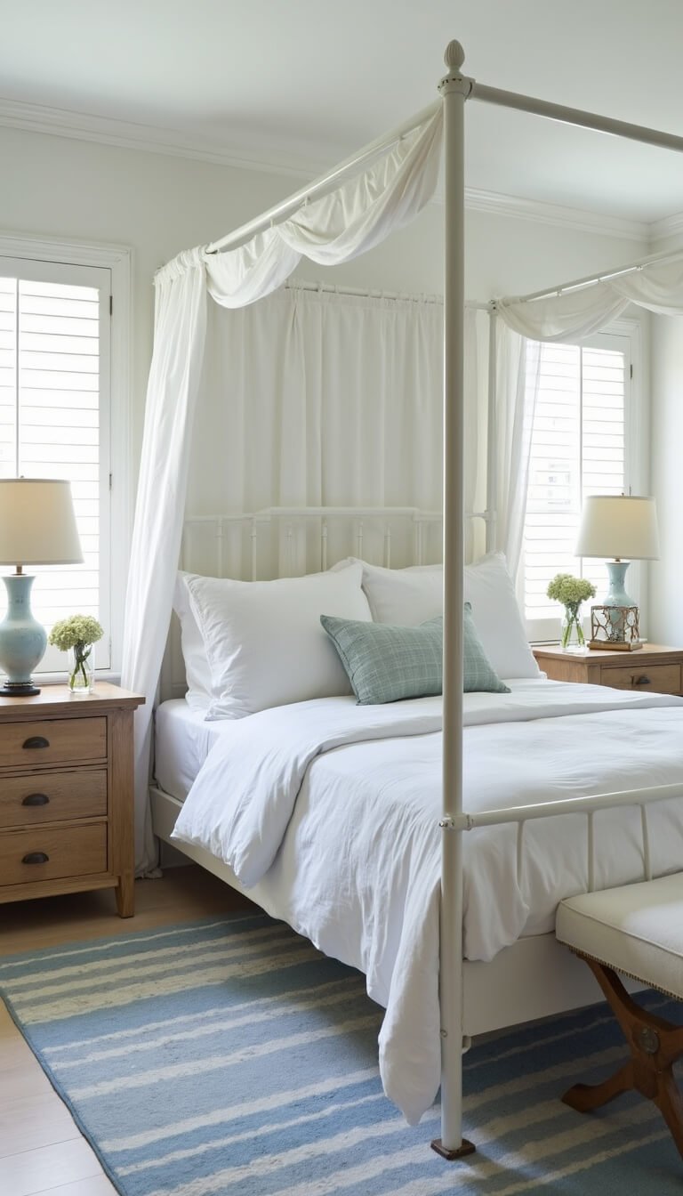 Serene modern cottage bedroom with white canopy bed, pale blue accents, shiplap walls, rustic wood elements, and soft natural light filtering through plantation shutters.