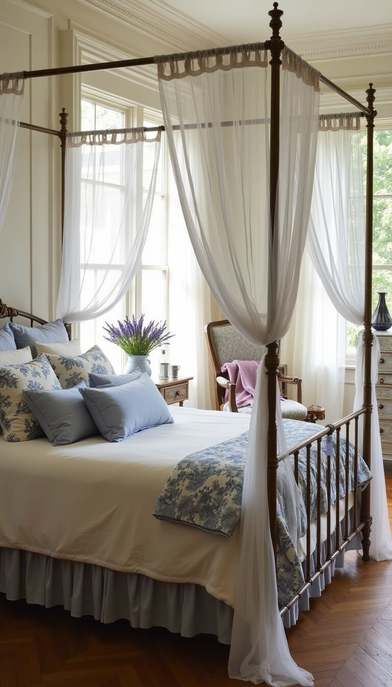 Elegant French country bedroom with antique brass canopy bed, lace curtains, vintage dresser, and lavender accents captured in soft morning light.