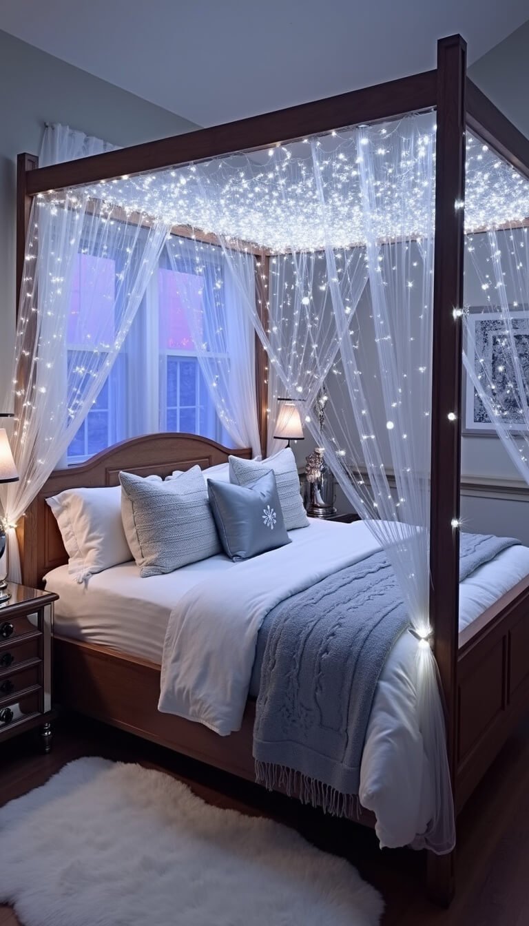 Winter-themed bedroom with a walnut canopy bed draped in silver organza and LED lights, surrounded by faux fur, snowflake pillows, silver birch branches, and glowing mercury glass lanterns, evoking a snow globe ambiance.