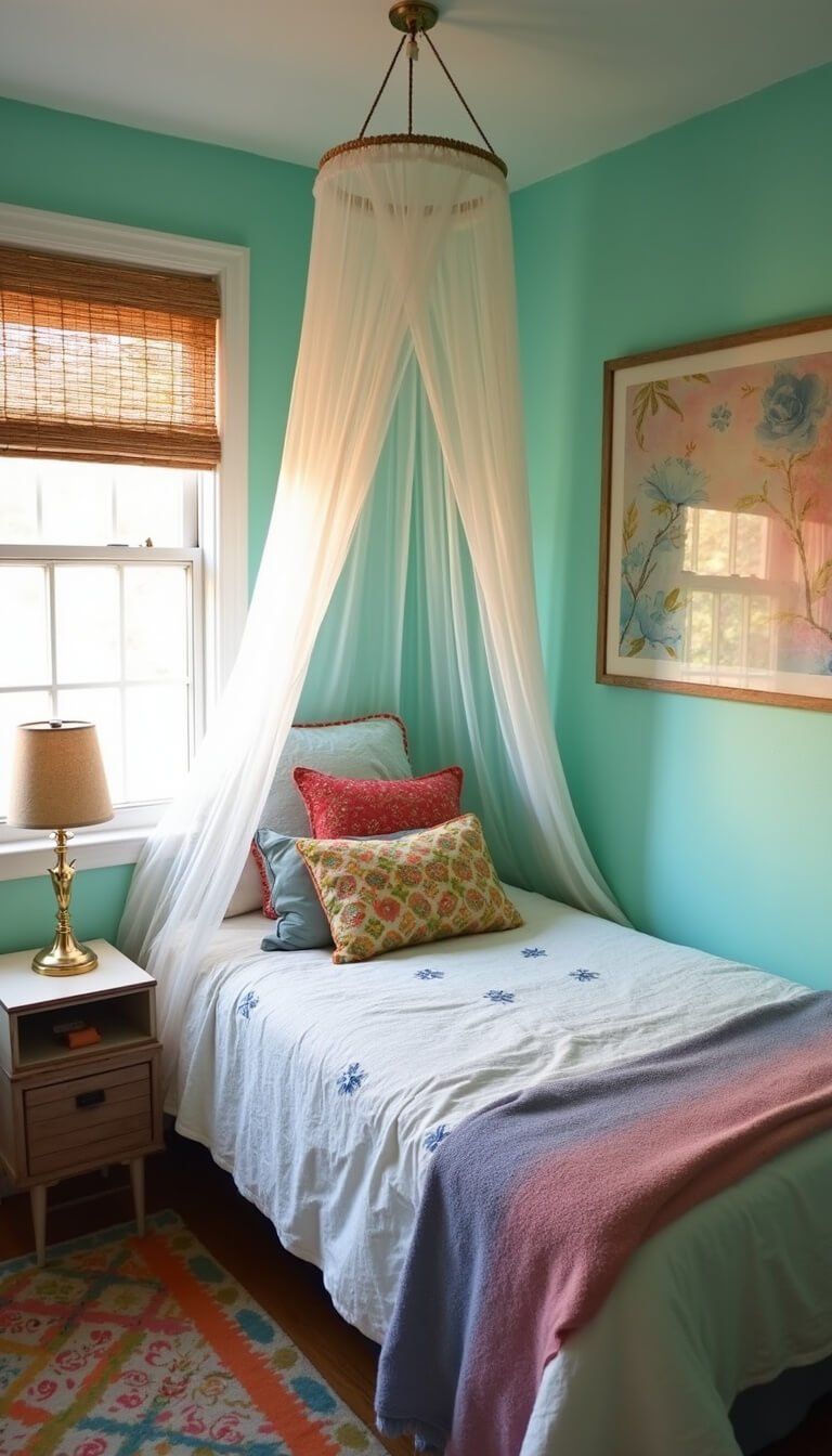 DIY mint-walled bedroom with a twin bed under an aqua-violet canopy, thrifted linens, vintage crate nightstands, brass lamps, and golden hour lighting.
