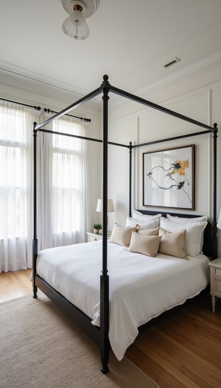 Statement black wrought-iron canopy bed with sheer white drapes in sunlit minimalist bedroom featuring white walls, oak floors, and abstract black-and-gold art.